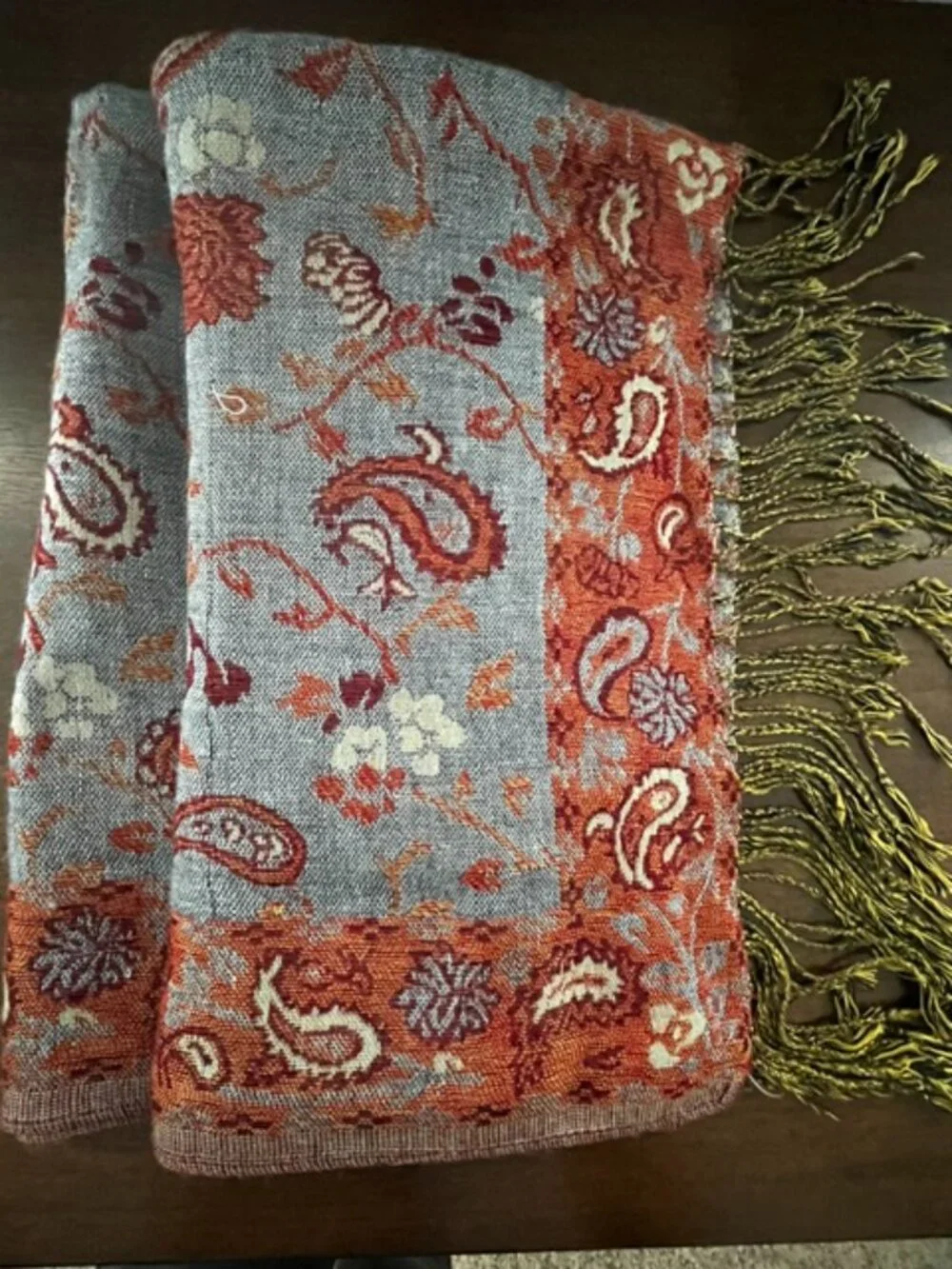 Scarf Wrap Pashmina Paisley Fringe Blue Orange